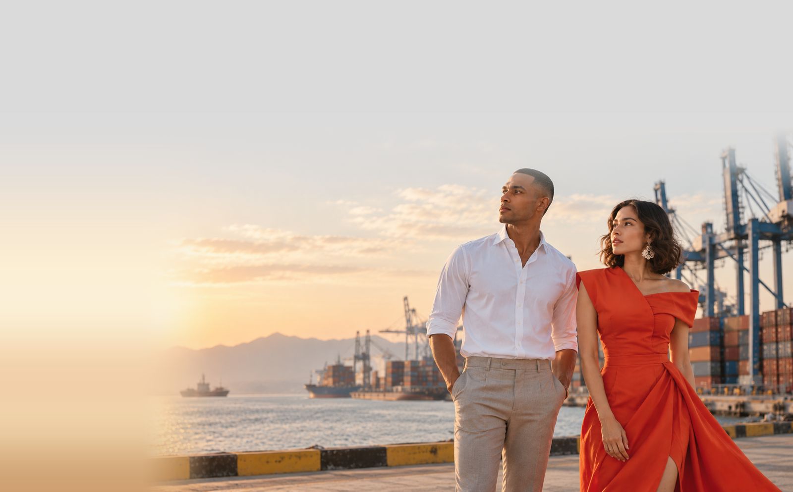 Man in a white formal shirt and woman in an orange dress at a container port at sunset
